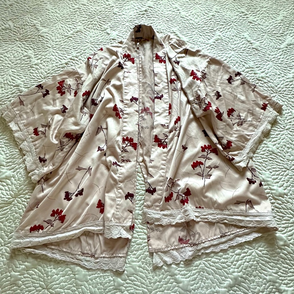 RARE Free People Kimono Top Beige With Crimson Leaves Oversized Fit
